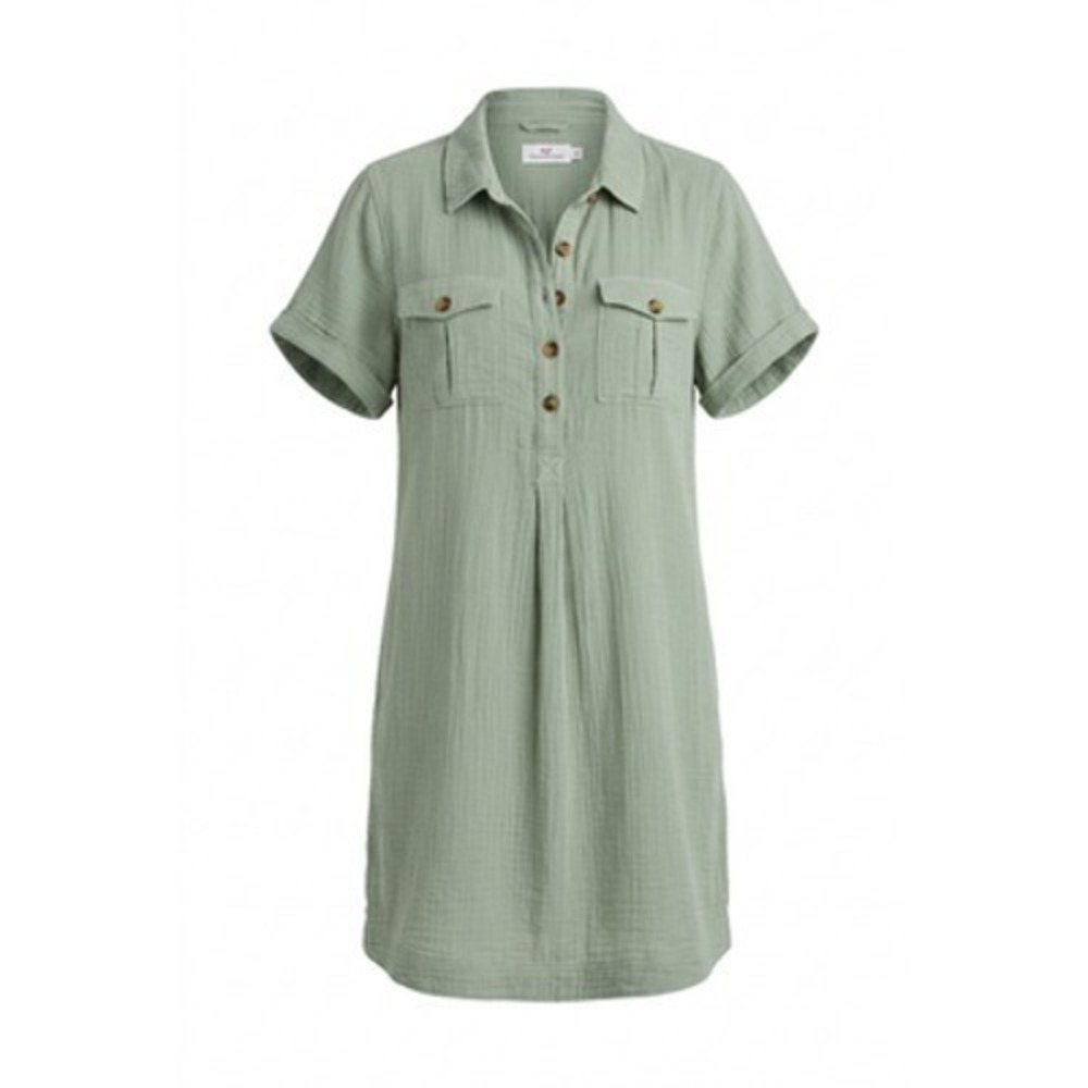 Vineyard Vines Double Gauze Shirt Dress Women 10 Green Cotton Pockets Beachy
